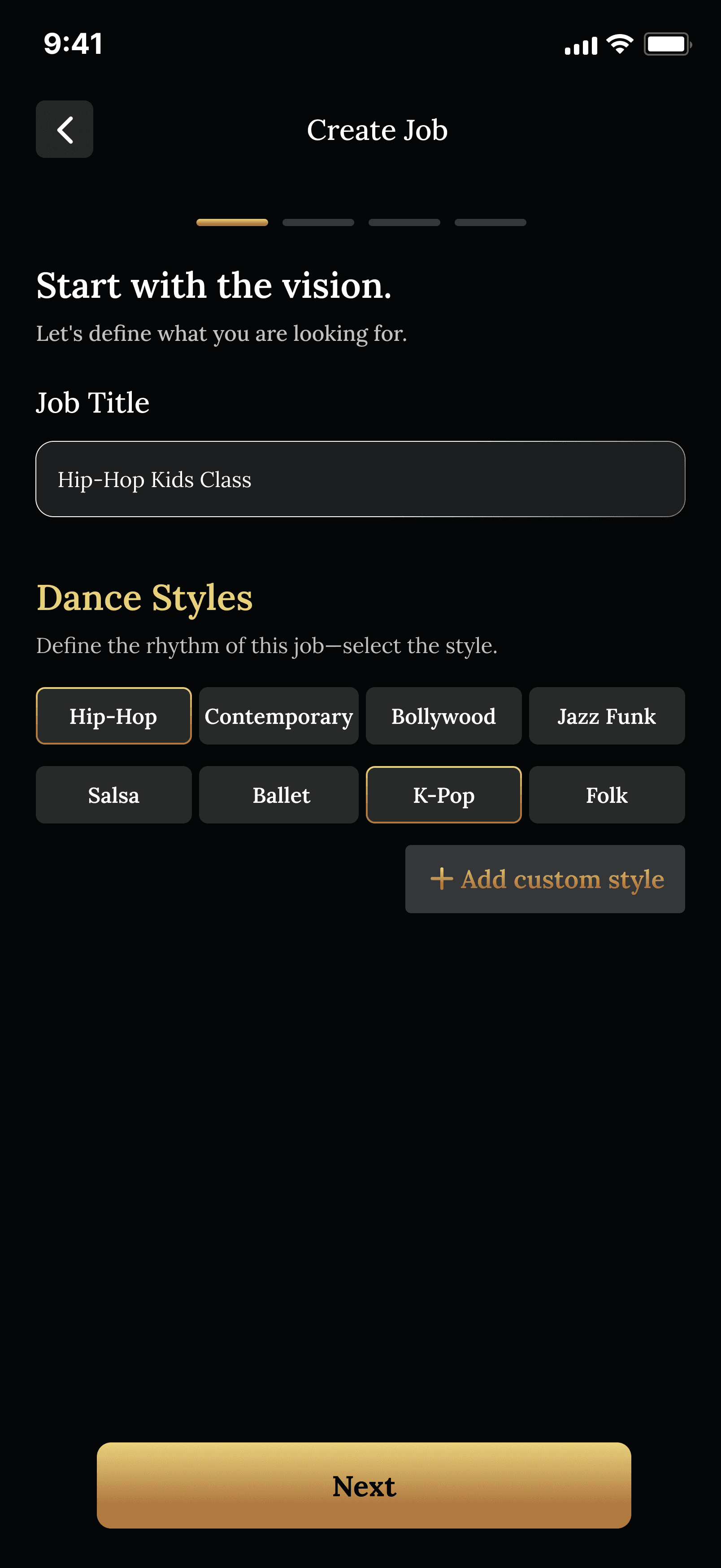 FlowDance create job screen