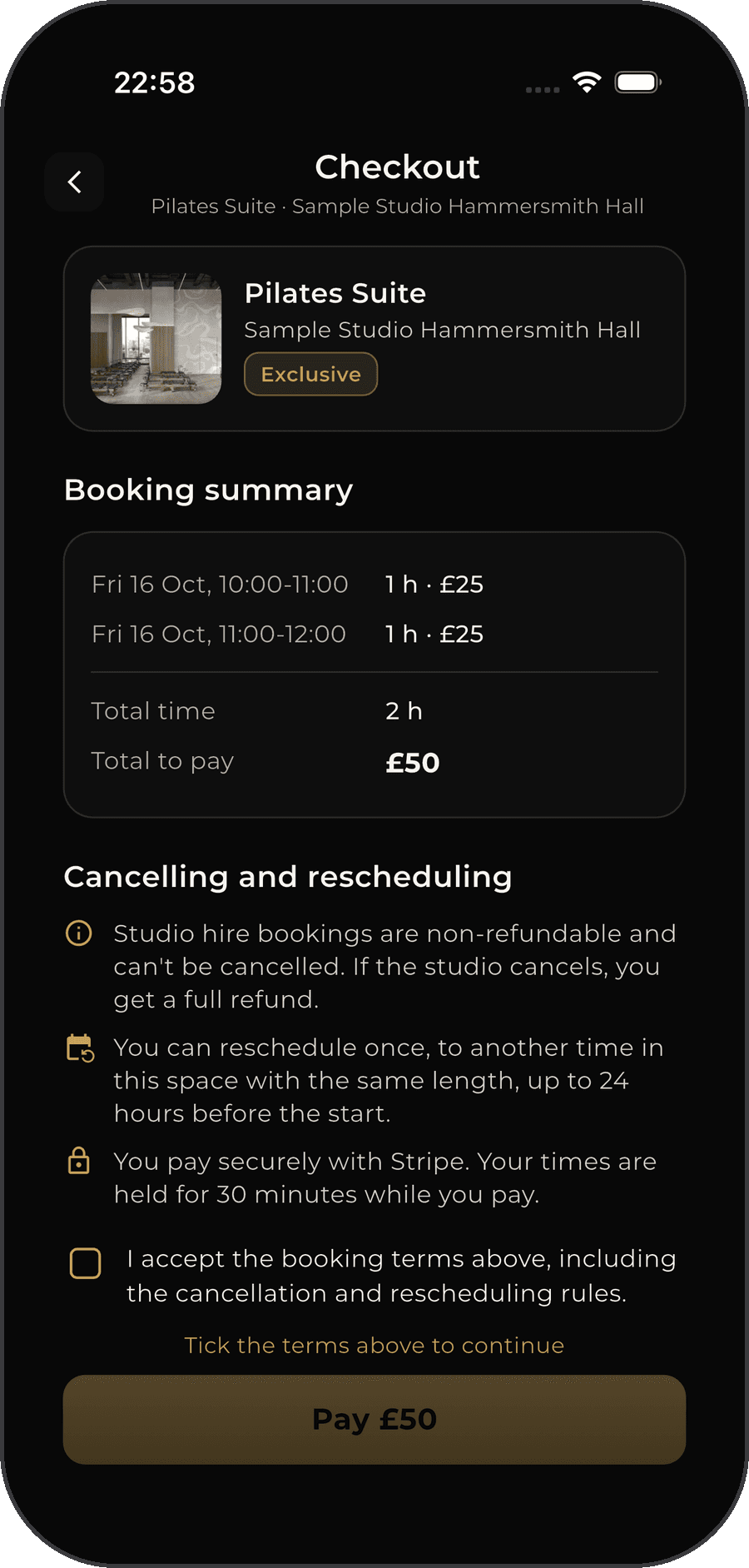 FDC One Studio Hire: checkout with clear rules