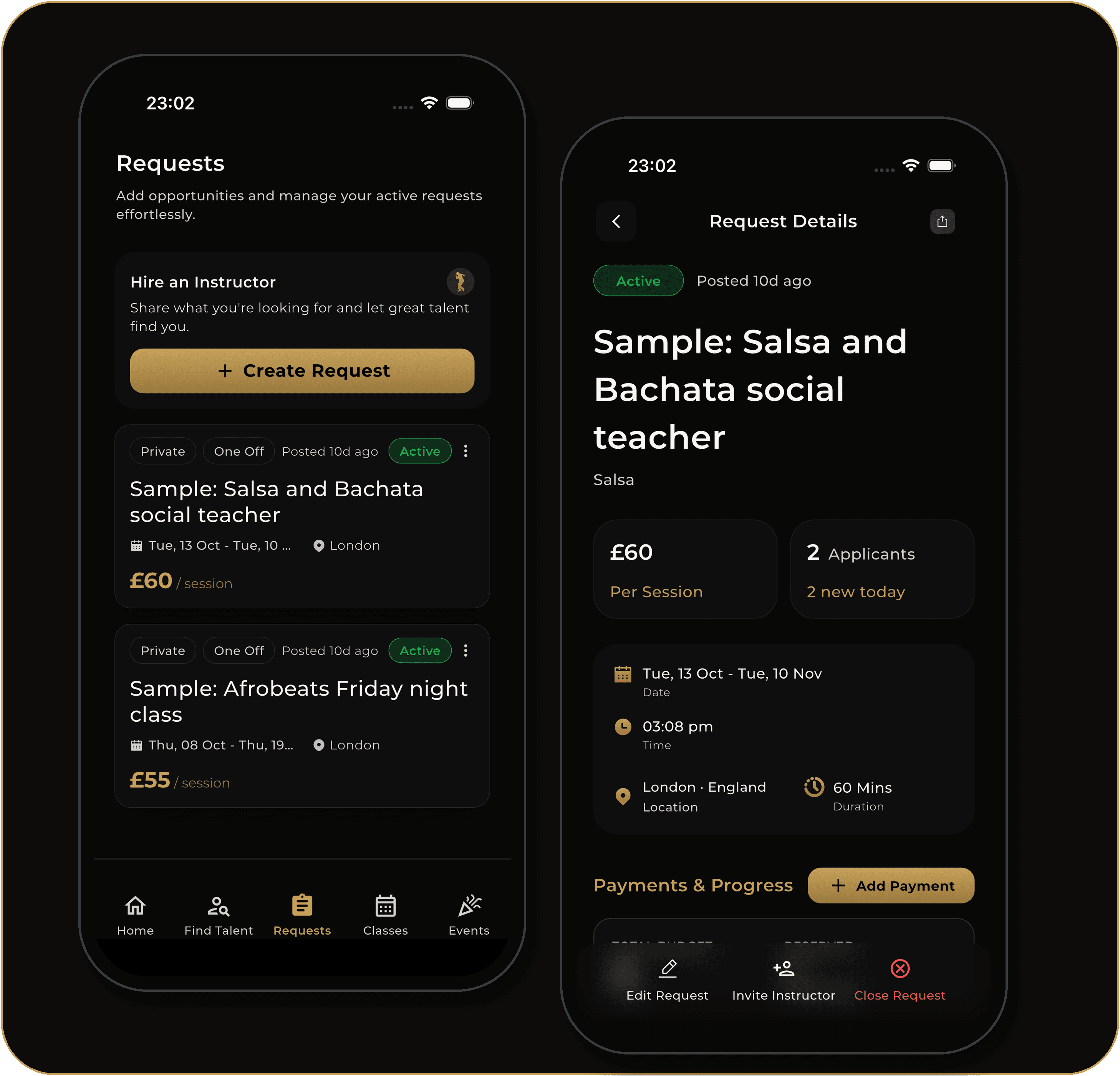 FDC One instructor app showing job listings and wallet